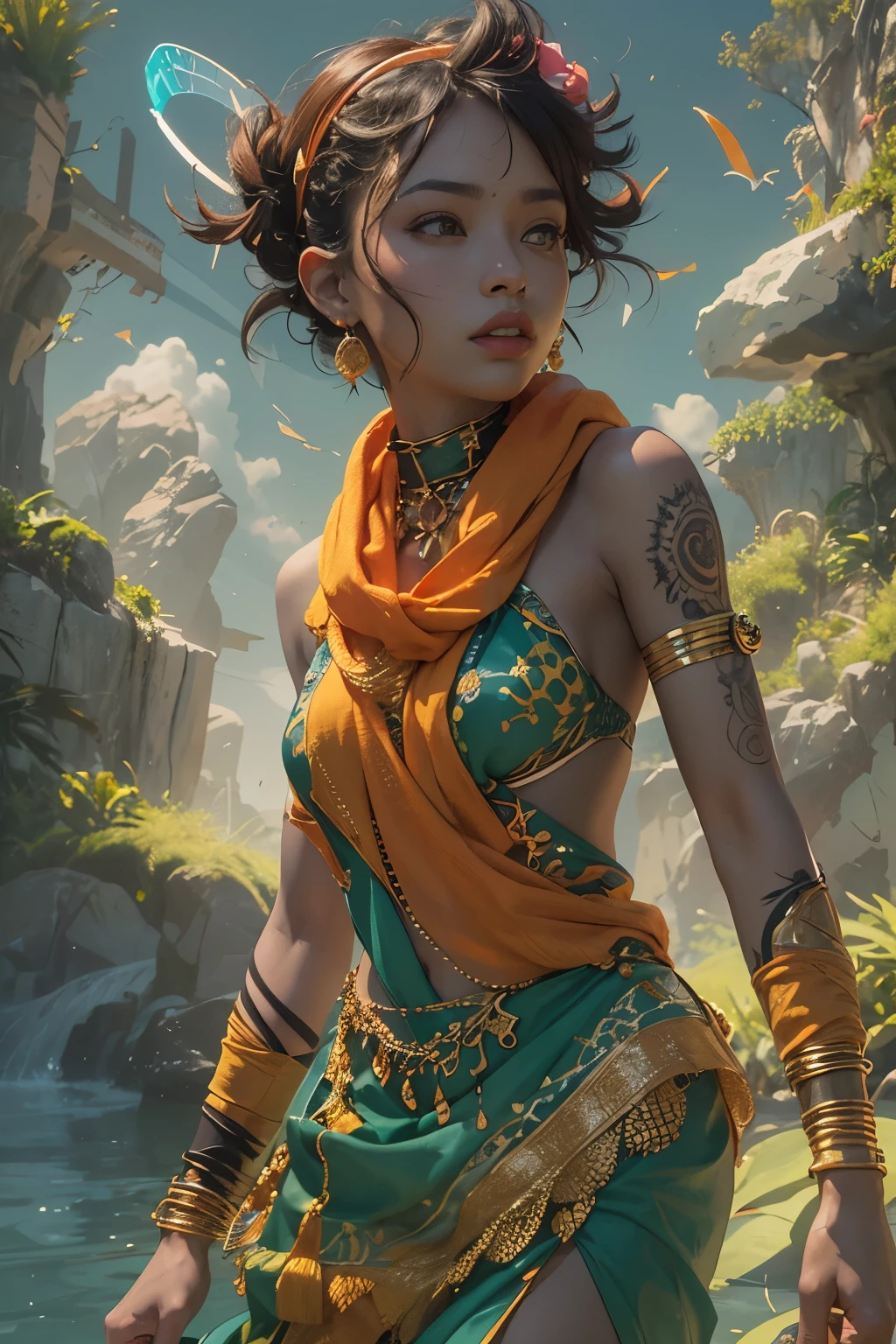 (masterpiece, best quality, 4k, detailed, intricate, realistic),cinematic angle,outside,waterfall,cowboy shot,1girl, fujin, hair rings, long hair,hair ornament, earrings, forehead mark, green and orange dress <lora:genshinfujin-nvwls-v1:0.8>