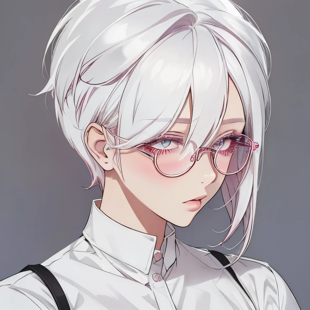 Girly girl, pastel pink glasses, white shirt, face close-up, white hair, light white eyes, pure, (Hair Over One Eye), (Pixie Hairstyle), feminine