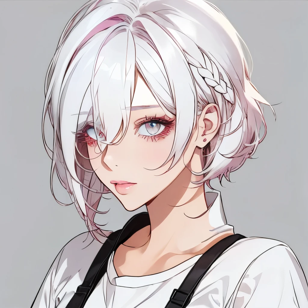 Girly girl, pastel pink glasses, white shirt, face close-up, white hair, light white eyes, pure, (Hair Over One Eye), (Pixie Hairstyle), feminine