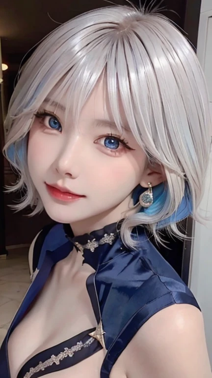 masterpiece, highest quality, figure, saxophone blue hair, platinum earrings, platinum necklace, red sheer evening dress, High-neck clothes，not showing chest，1 girl, Lovely, (dynamic lighting:1.2), movie theater lighting, exquisite features, delicate blue eyes, wear half-rim glasses（concentrated），sharp pupils, realistic student, Depth of the bounds written, Bokeh, 锐利的concentrated, (Super detailed, bloom, shine:1.4)