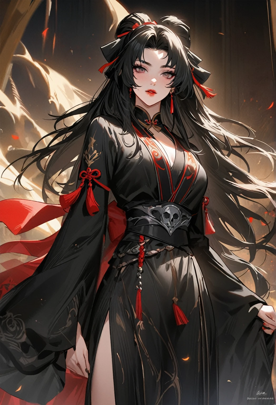 um close de uma mulher com uma espada em um vestido preto, um retrato de personagem de Yang J, trends at cgsociety, arte de fantasia, linda pintura de personagem, artwork in the style of Guweiz, Guweiz, hanfu preto, flowing black robes, wuxia de corpo inteiro, epic and exquisite character art, arte de personagem impressionante, bela assassina feminina