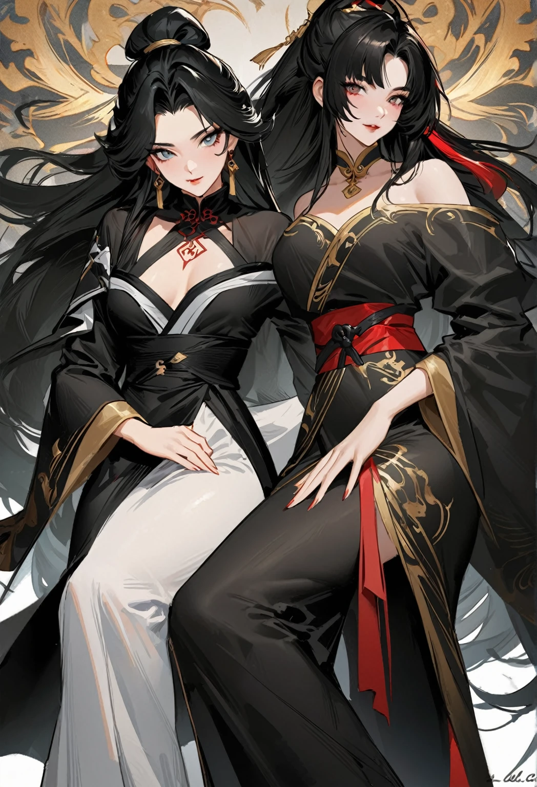 um close de uma mulher com uma espada em um vestido preto, um retrato de personagem de Yang J, trends at cgsociety, arte de fantasia, linda pintura de personagem, artwork in the style of Guweiz, Guweiz, hanfu preto, flowing black robes, wuxia de corpo inteiro, epic and exquisite character art, arte de personagem impressionante, bela assassina feminina