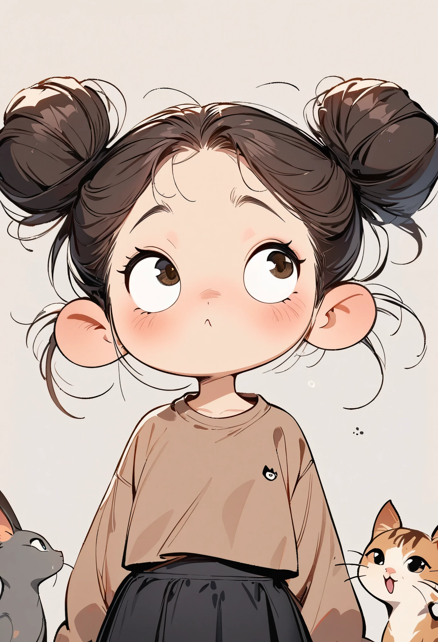 (masterpiece, best quality:1.2), 1 girl, alone，big eyes，a cute chinese girl，shirt，horse face skirt，Birds in the air，Cartoon style character design，exaggerated expression，hair texture，messy bun，a cat，interesting，interesting，clean lines