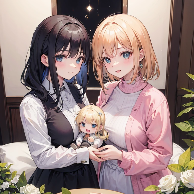 Two married lesbians happily holding their baby, family photo.