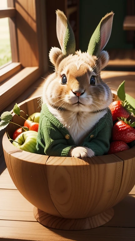 :3. Green rabbit, actual, hairy, animals in clothes, apple, Bear, Teak, cherry, food, fruit, whole body, have, non-human, strawberry, tomato, watermelon