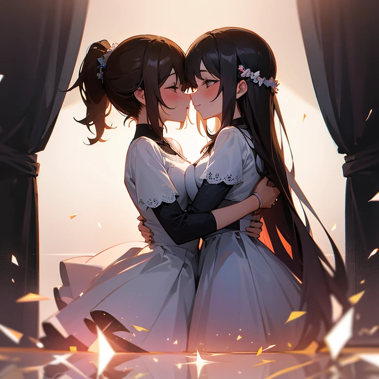 Highest quality、Ultra-high resolution、16-year-old girl２people、Lesbian、Embrace each other、short hair、Black Hair、hair ornaments、Kiss to close your eyes、 Body Type、Sleeveless dress