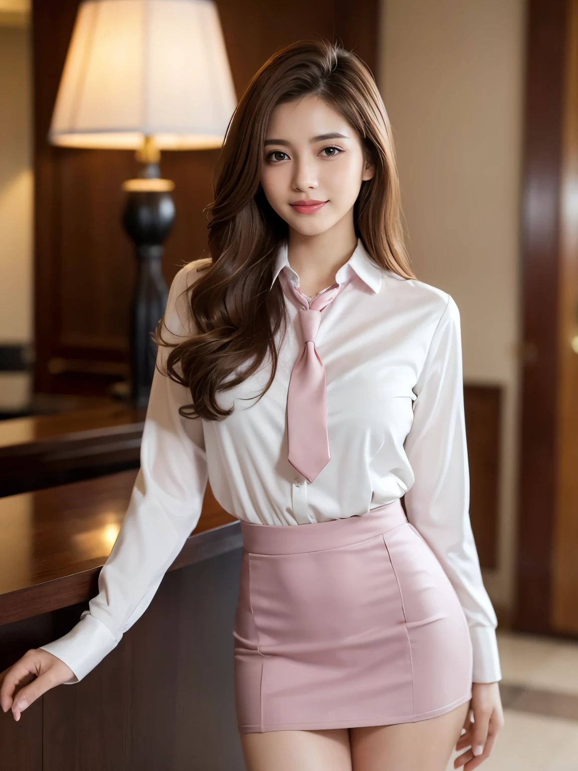 Best quality at best, realistically, ultra - detailed, Detailed pubic hair, A high resolution, 8K wallpaper, 1 Beautiful woman, pink wet lips, light brown messy hair, Medium Hair, Wear a violet office suit, white shirt, short skirt, lock focus, Perfect dynamic composition, beautiful eyes, Delicate hair, Detailed realistically skin texture, Smiling, closeup portrait, Model body type, background the Hotel reception, blurred background, (full body shot), Shooting from a long distance, ((Random body direction)),