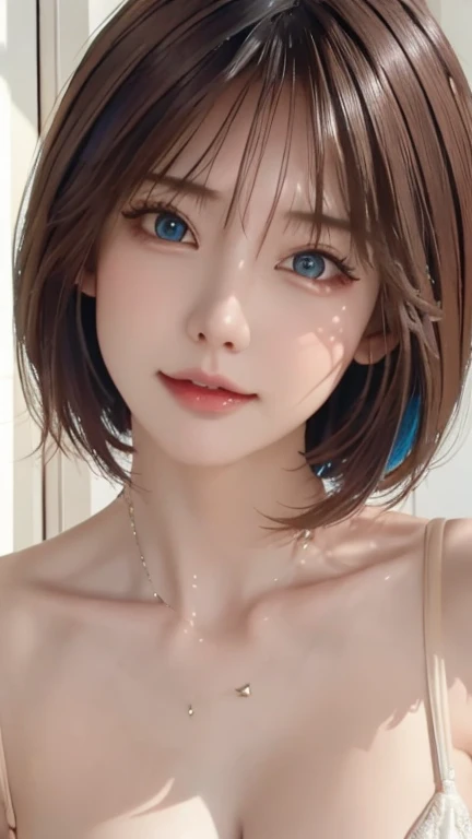 Beautiful clavicle、（（Close-up of eyes））、cute、Baby Face、Naughty smile、Tabletop、Realistic、highest quality、highest quality、masterpiece、Ultra-high resolution、RAW Photos、Realistic、Bright lighting、Face Light、Smooth Professional Lighting、Looking into the camera、alone、Adult female、Beautiful woman、Super Beauty、realistic skin、Moisturized Skin、Realistic eyes and faces、Perfect model body shape、Beautiful Eyes、Big eyes、Inconspicuous tear bags、slim、Medium sized big breasts、Beautiful fingers、Very short hair、Black Hair、black eye、Looks happy、(Both ears are hidden by hair)、(((Shoulderless shirt)))、At the office