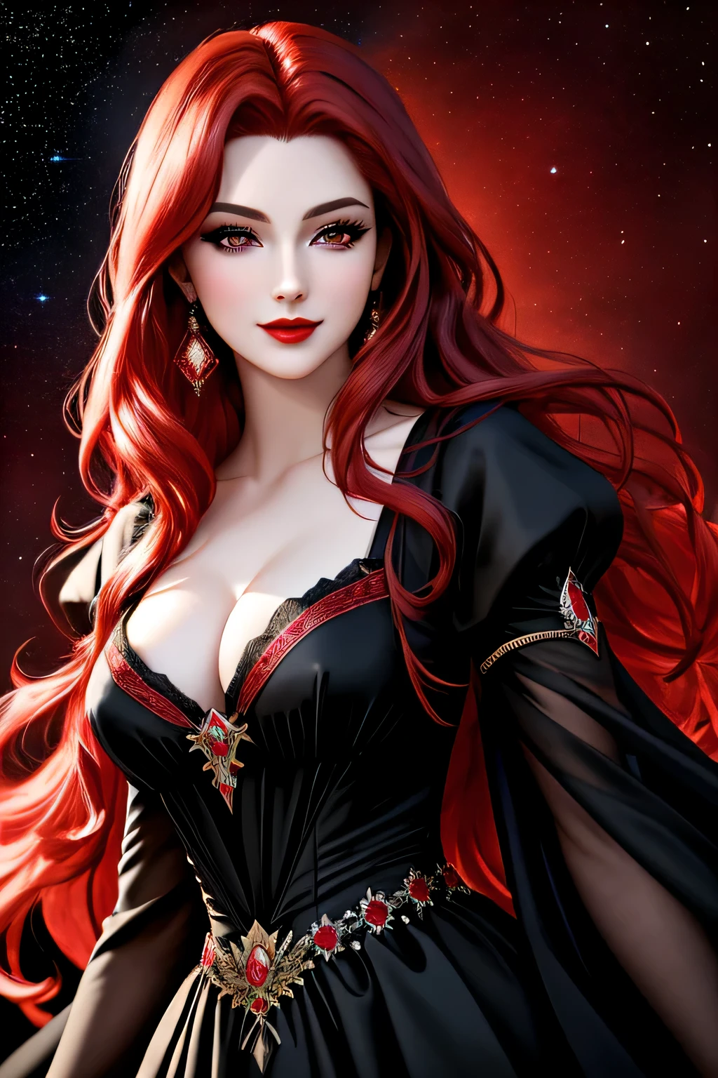 (Masterpiece, Best Quality:1.3), absurdres, (8k resolution), illustration, ((outline, thick lineart)), (faux traditional media:1.3), looking at viewer,(masterpiece,best quality),HDR,high-definition,[[Intricate Details]],cinematic,photorealisticportrait shot, ((vivid red hair)), mature woman, 30 years old, diamond face, moonlight, red starry sky background, depth of field, magic, big red lips, ((dark black eyes)) black and red long and full dress, covered chest, mystical atmosphere, smile expression, posing, taut and well defined body, attractive. Highly realistic, pale skin, beautiful, hyperrealism, skin very elaborated, direct gaze
