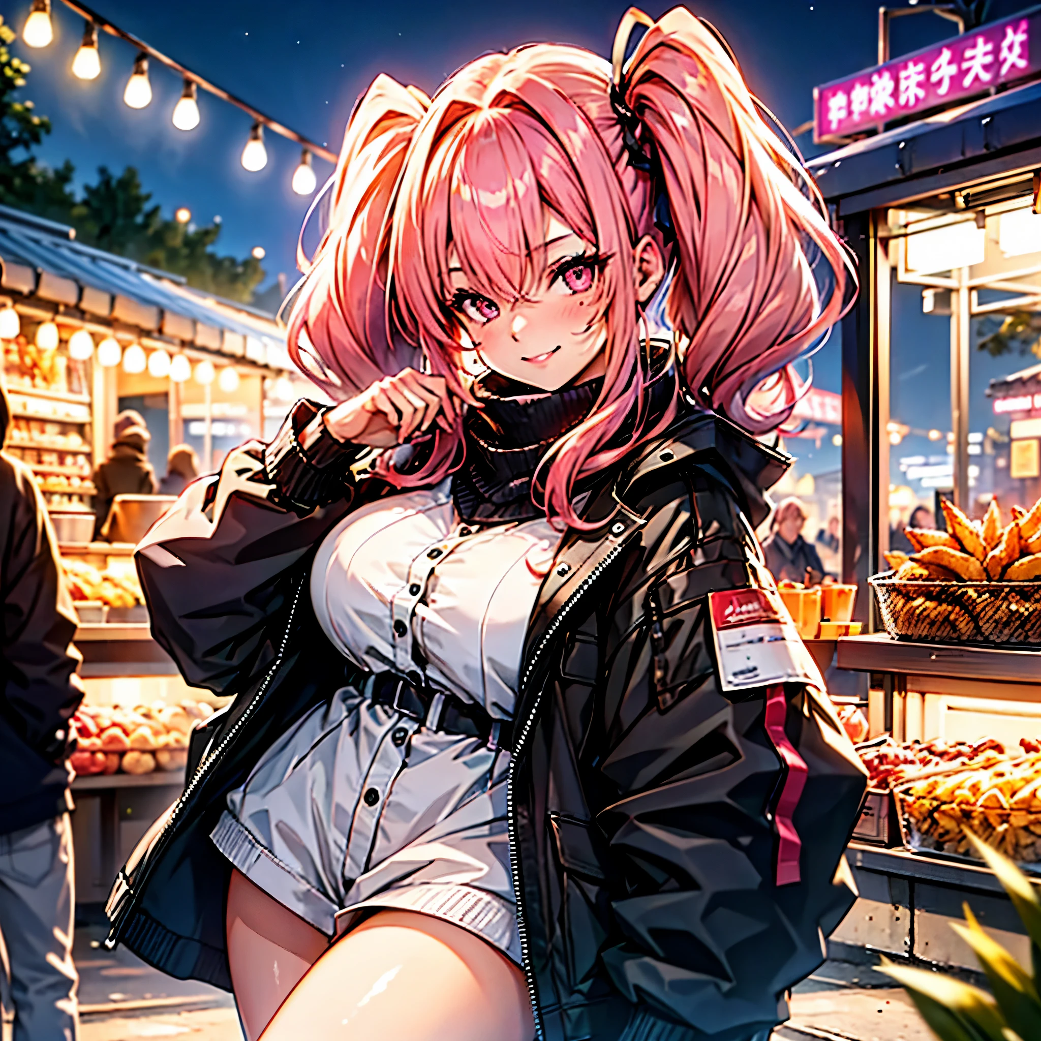 a woman with a cold coat, pigtails, pink hair with gray bangs, pink eyes, smiling, big breasts, toned thighs, in a park at night with a snack bar in the background, just one woman, solo,HDR, ultra resolution, very detailed, masterpiece, ultra quality, 4K HD.
