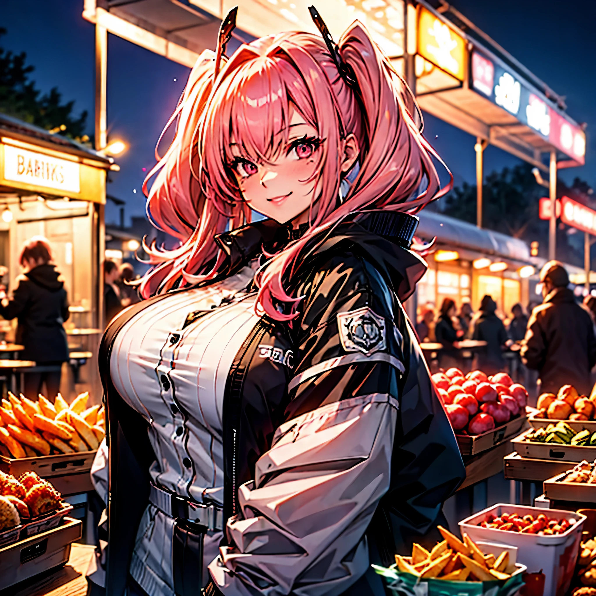 a woman with a cold coat, pigtails, pink hair with gray bangs, pink eyes, smiling, big breasts, toned thighs, in a park at night with a snack bar in the background, just one woman, solo,HDR, ultra resolution, very detailed, masterpiece, ultra quality, 4K HD.
