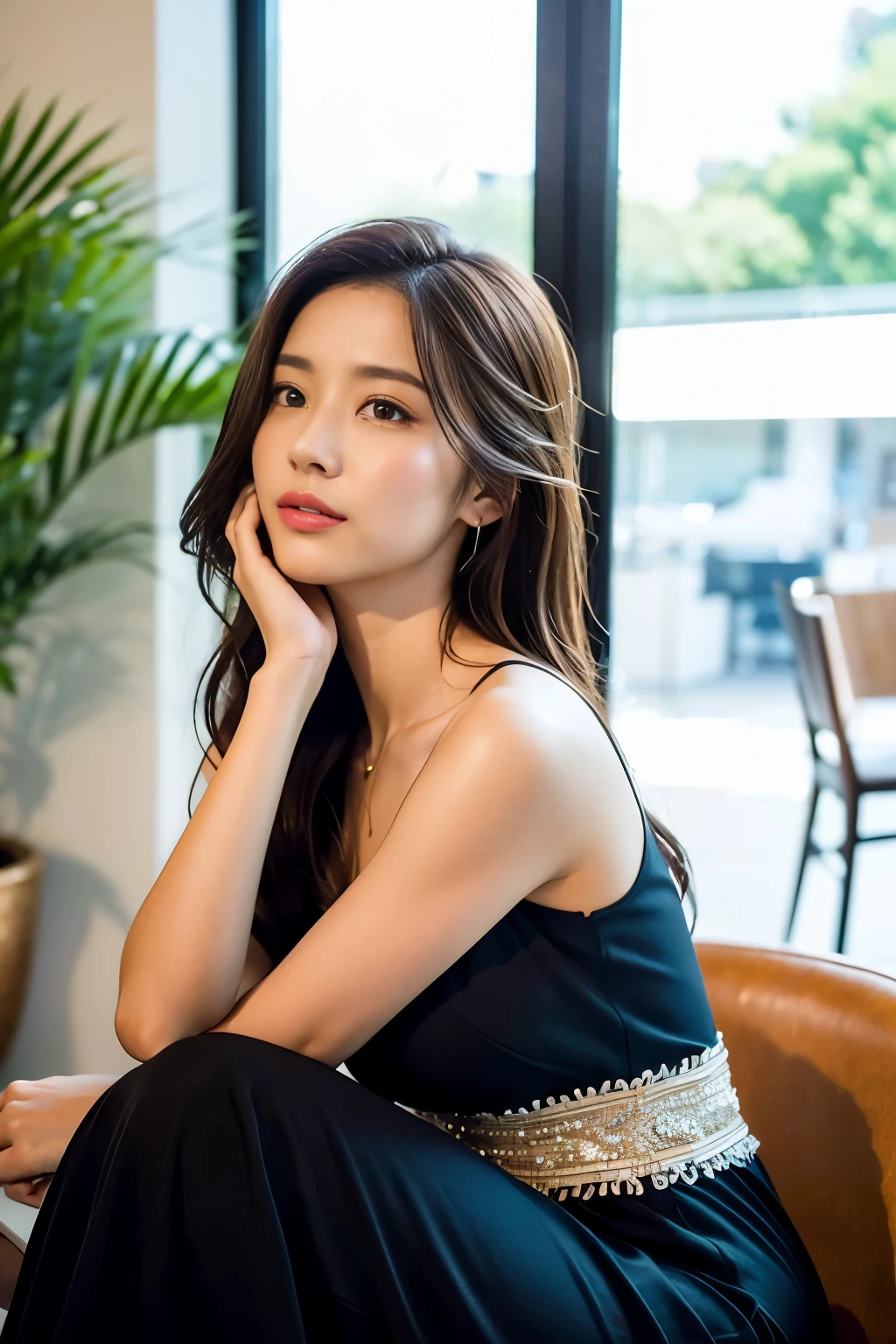 Dark brown hair、light brown eyes、Japan actress face、 Miss、I'Iは彼とIが好きです'I'Iは40歳くらいです.、(intricate details:1.2)、(Which one is the top one??:1.4)、 (ultra high resolution:1.2)、ultra high resolution、(fine-tuning)、(detailed facial features)、north african trade zone、8K resolution、D cup size breasts、long hair、large windows、Luxurious space、Relax、、,Full body image、Shooting from head to toe、beautiful feet、camisole dress、beautiful feet、A refreshing cafe filled with sunshine、(plant:0.8), fashion center, Extreme details, Very detailed, actual, hourglass figure, obscene gestures,、、I cry a lot、tears、Slanting from below、Lift your chin、Relaxした表情、Weak posture、(Halo Photo:1.2)、From outside the window、Transparent painting artwork、8K、32k、best quality、(Eye details)、1 girl、elegant、(loose dress :1.4)、Sunset、sit、(low angle、look here:1.2)、、looking at camera、