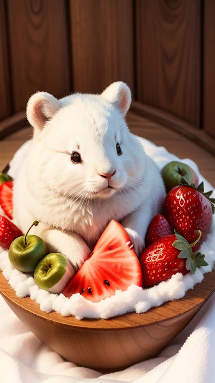 :3. Snow-white rabbit, actual, hairy, animals in clothes, apple, Bear, Teak, cherry, food, fruit, whole body, have, non-human, strawberry, tomato, watermelon