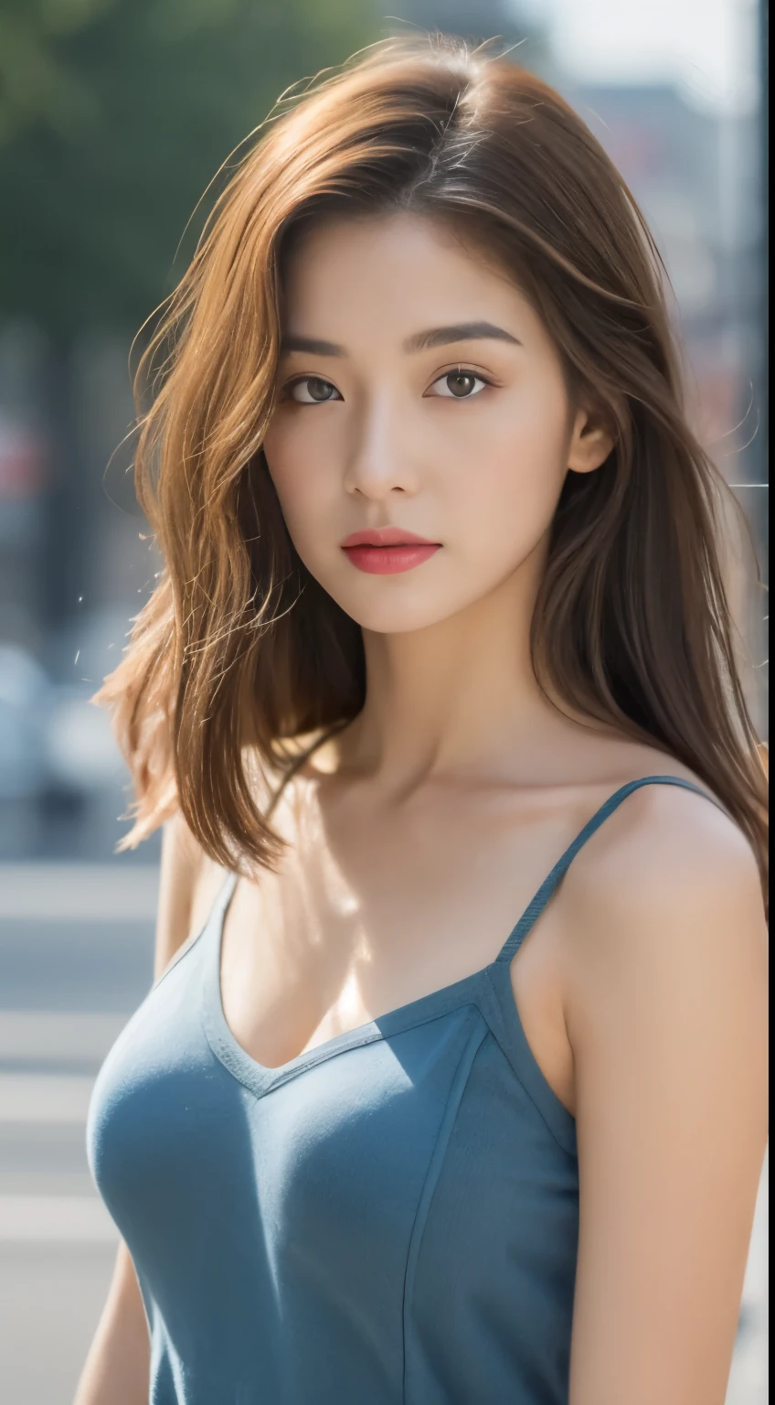 ((best quality, 8K, masterpiece:1.3)), focus: 1.2, perfect body beautiful: 1.4, buttocks: 1.2, ((layered hairstyle, breast: 1.2)), (wet clothes: 1.1) , (rain, street:1.3), tube top dress: 1.1, Highly detailed facial and skin textures, exquisite eyes, double eyelids, skin whitens, long hair
