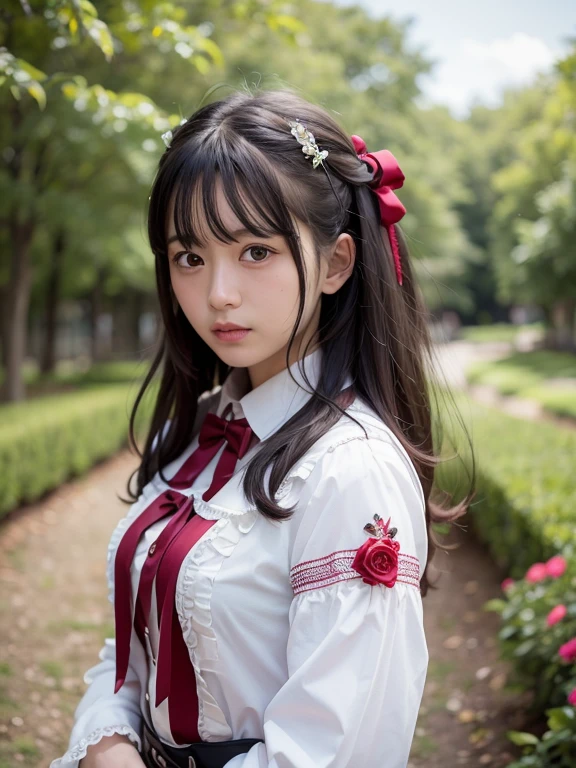 (realistic, photo realistic:1.37), incredibly absurd, (Extremely detailed:1.3), 8K, (masterpiece), (highest quality:1.4), (ultra high resolution:1.2), (Raw photo:1.2), (unity 8K wallpaper), 1 nogizaka girl, So cute, (bishojo:1.35), (15 years:1.4), ((alice and the pirates fashion)), delicate and beautiful dress, blue rose hair accessories, A delicate and beautiful face, eyes, and skin, dense black shiny hair, smile at the camera, cowboy shot, Gardens of the Petit Trianon, farmer, super detailed background, professional lighting