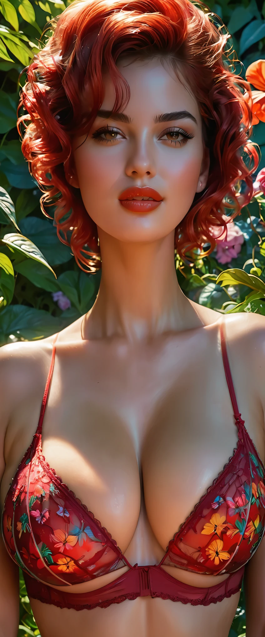 In this captivating scene, a vivacious girl, (detail skin texture, large pores), with vibrant, colorful hair stands amidst a lush garden teeming with exotic blooms. Her sexy outfit accentuates her thin, hourglass-shaped body and ample breasts, drawing the eye with its tantalizing allure. With eyes that sparkle in the sunlight and lips painted a bold red, seductive smile, she exudes irresistible charm and sensuality. The garden, meticulously rendered with hyper-realistic detail, showcases the intricate textures of petals and leaves, while vibrant colors add a touch of surrealism. Captured in stunning 8K resolution, every nuance is visible, from the strands of her hair to the lines on her face. extremely realistic skin, Inspired by Russ Meyer's iconic films, the scene blends retro and modern elements, with color grading that heightens excitement and sensuality. Soft lighting bathes her face in a warm glow, adding depth and dimension to the image. This (hyper-realistic:1.5) (masterpiece:1.5) promises an awe-inspiring visual experience, combining the finest materials and techniques to ignite the senses.