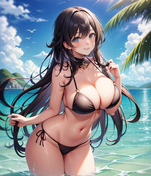 Masterpiece, best quality, In the tranquil expanse of the big lake, a woman bathes in the crystal-clear water, her curvy silhouette reflecting gracefully on the shimmering surface. She pulled her long black tresses back with one hand, and raised the other to shield her eyes from the bright summer sun. Her back was gently arched, a sight of sheer beauty, and she smiled happily as the cool water ran over her luscious, full breasts. The sunlight danced on the ripples of the lake, illuminating her sexy figure in the most flattering way possible. Her beautiful eyes, rimmed with thick lashes and almond-shaped, sparkled with joy