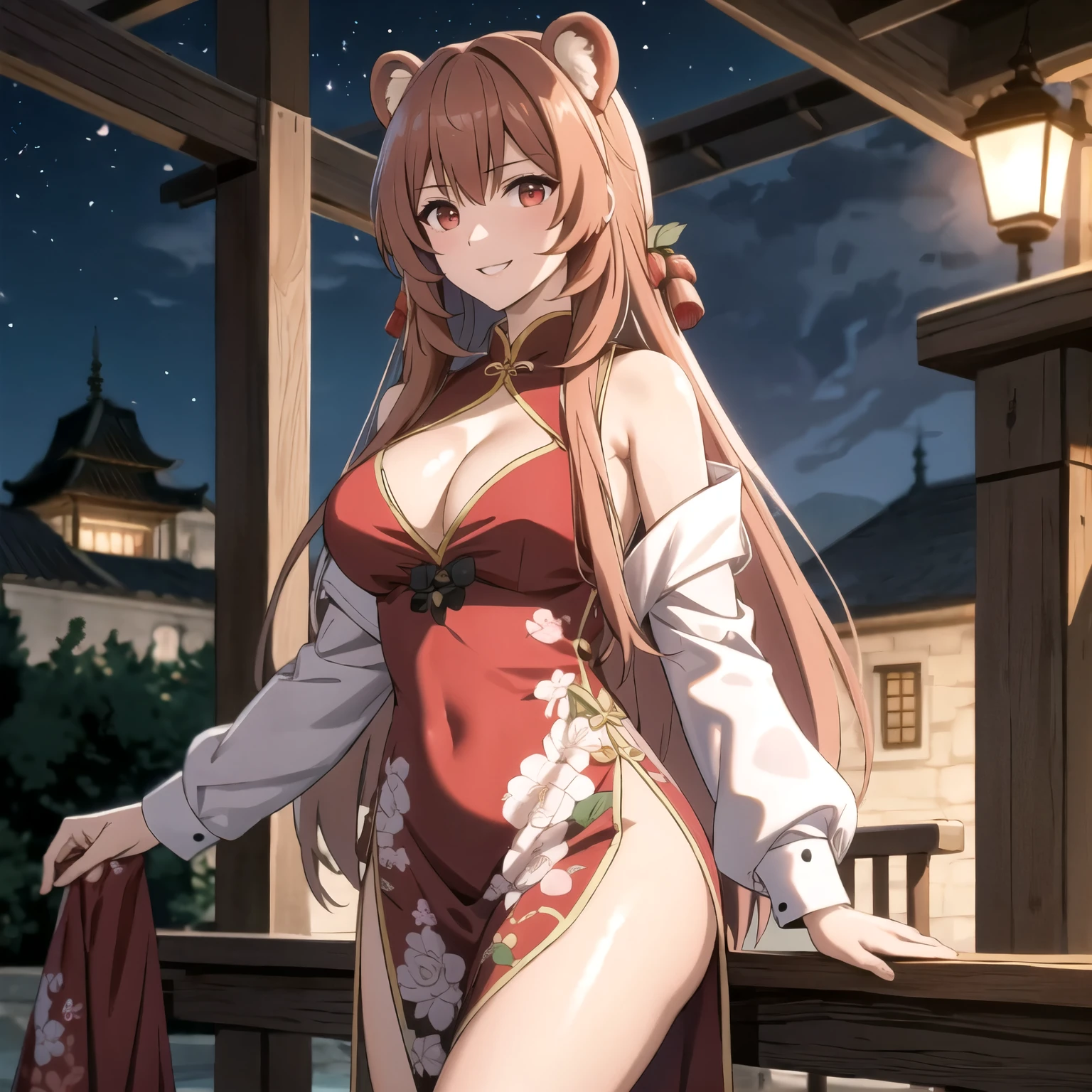 Raphtalia atractiva mujer. orejas de oso, cabello rubio naranja, red eyes like rubies, sonrisa boca abierta, rubor, pechos grandes, escote .Chinese revealing red sexy dress with floral design, de pie frete al espectador fondo un castillo chino rosado. rosado luces rosadas. noche luna llena.