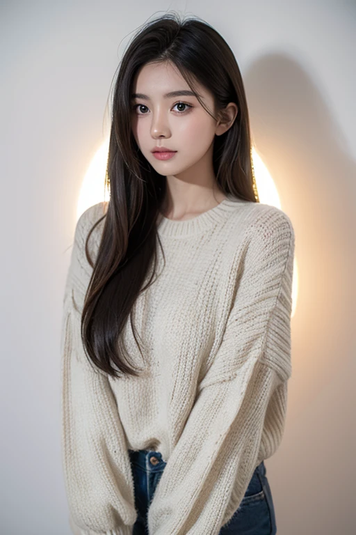 A girl with delicate facial features,Take a photo shoot,long hair,wearing a sweater,Weigh it with your hands,Blurred white wall background,Realistic,Ultra HD 8k