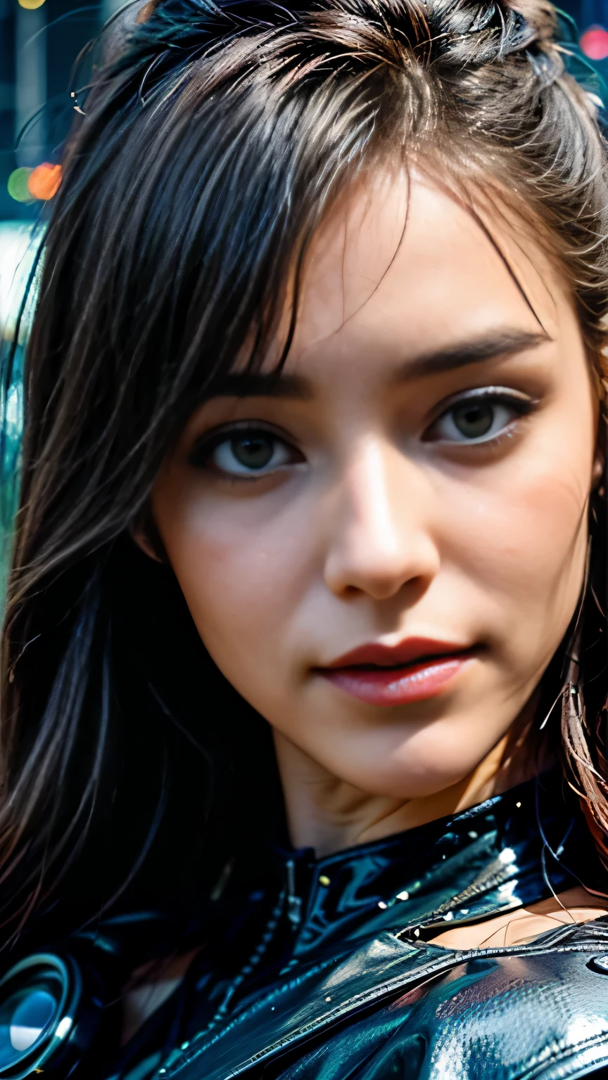 (((close up of face))), highest quality, realistic, realistic, award-winning illustrations, (intricate details: 1.2), (delicate details), (intricate details), (cinematic light, highest qualityのバックライト), clear line, sharp focus, official art, unity 8k wallpaper, absurd, incredibly absurd, Large archive files, Ultra- (in_main visual_street: 1.21), (neon lamp), fantasy art, nffsw, ((Close-up photos of the award-winning Studio Triangle)), 1 girl, incredibly beautiful, (Perfect smiling mouth), small breasts,((cyberpunk cityscape, Valkyrie,knife, robot arm)),Precise in beautiful eyes,perfect face,(cyberpunk blouse, leather jacket, Martin Boots),(perfect hands and fingers),(pleated skirt)), ((Supermodel Bag)), (close up of face),