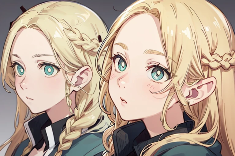 Boots,（all character design test，front，back，Side），Long golden hair，Thick eyebrows, beautiful blonde，（masterpiece），（（Best quality）），（Super detailed），（beautiful eyes beautiful details eyes，Clean and gentle face)