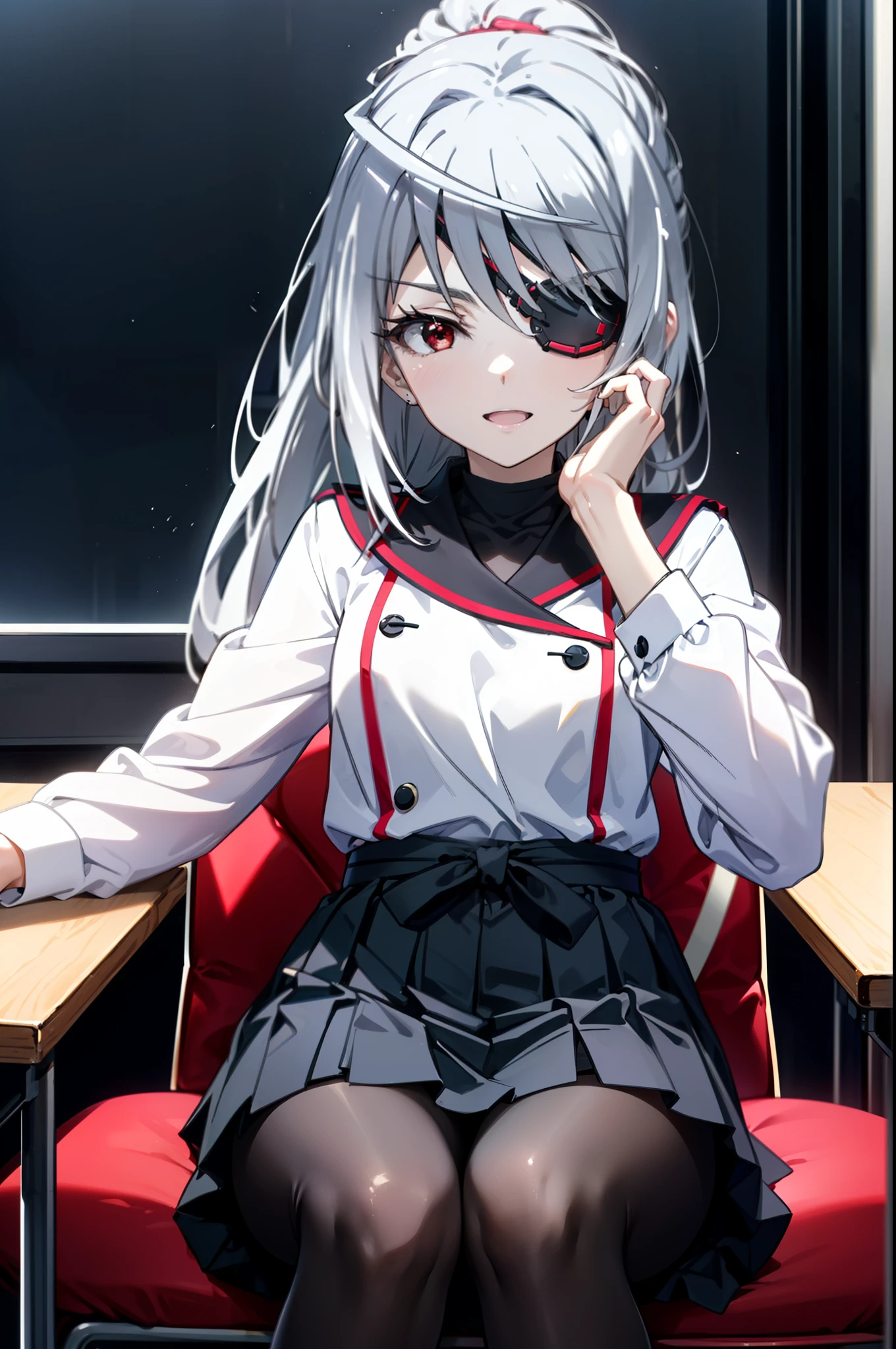 Laura Bodewig, Laura Bodewig, long hair,right eye (red eyes:1.3), gray hair, ponytail,short braided hair,left eye eye patch,
gray hair, happy smile, smile, open your mouth,japanese high school girl uniform(black sailor suit),black pleated skirt,Gray pantyhose,brown loafers,sitting cross-legged on a chair,
break indoors, classroom,
break looking at viewer, (cowboy shot:1.5),
break (masterpiece:1.2), highest quality, High resolution, unity 8k wallpaper, (figure:0.8), (detailed and beautiful eyes:1.6), highly detailed face, perfect lighting, Very detailed CG, (perfect hands, perfect anatomy),