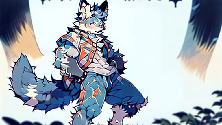 Anthropomorphic wolf,werewolf,man,large pecs,broad shoulderuscular limbs,naked upper body,huge crotch bulge, muscular, large, bearded, facial hair, body hair, chest hair, arm hair, leg hair, full body ((hd,high detail,masterpiece, best quality))