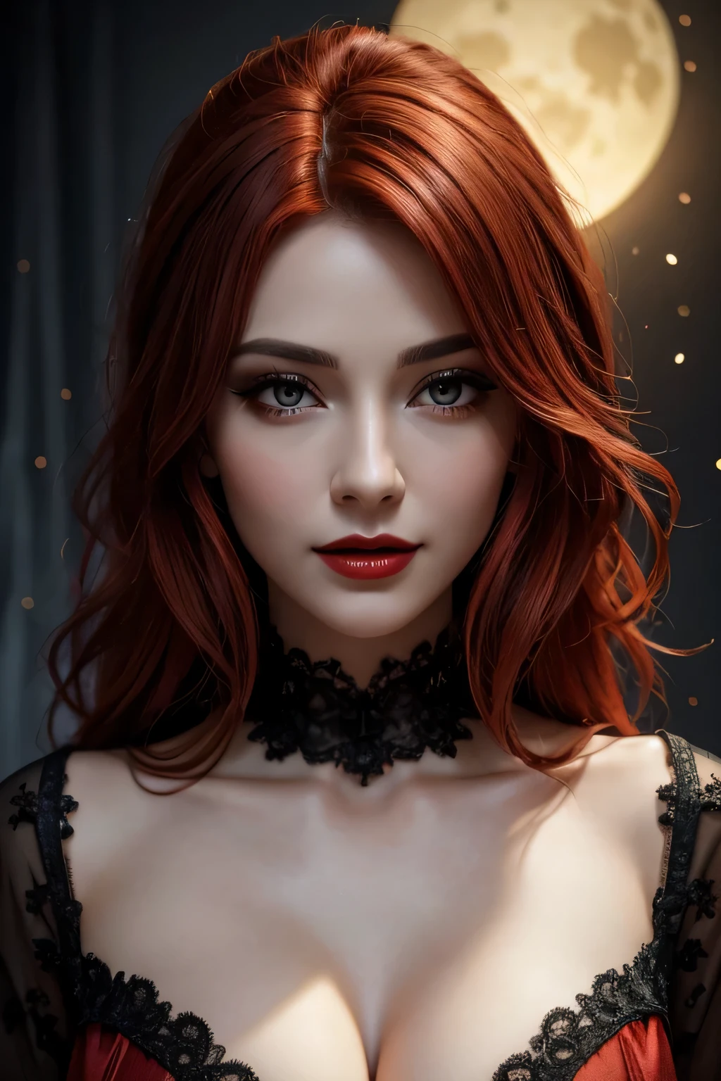 Up close face, (Masterpiece, Best Quality:1.3), absurdres, (8k resolution), illustration, ((outline, thick lineart)), (faux traditional media:1.3), looking at viewer,(masterpiece,best quality),HDR,high-definition,[[Intricate Details]],cinematic,photorealisticportrait shot, ((vivid red hair)), mature woman, 30 years old, diamond face, moonlight, red starry sky background, depth of field, magic, big red lips, ((dark black eyes)) black and red long and full dress, covered chest, mystical atmosphere, smile expression, posing, taut and well defined body, attractive. Highly realistic, pale skin, beautiful, hyperrealism, skin very elaborated, direct gaze ,flower_style,
