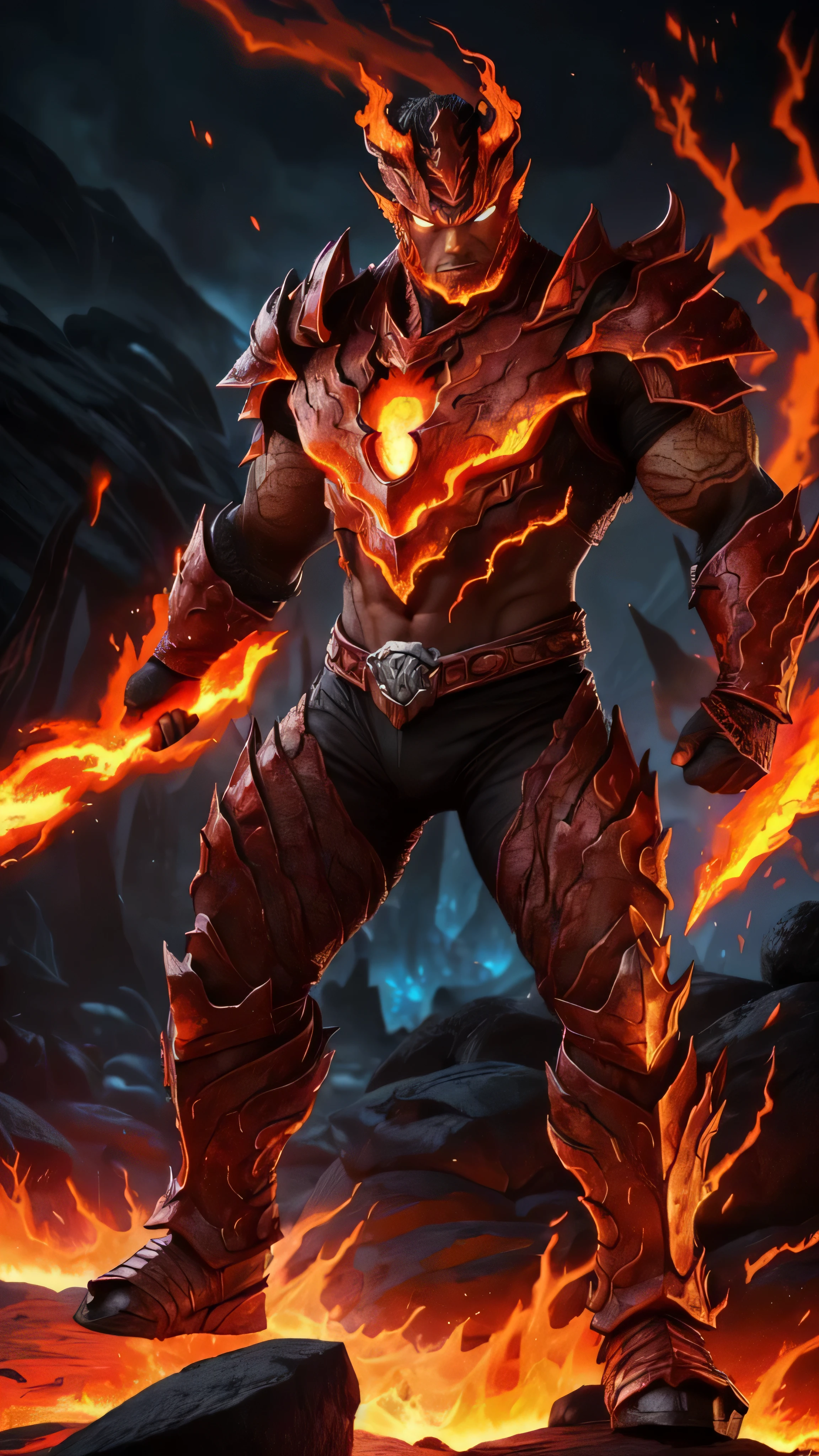 Blaze from Mortal Kombat, humanoid fire elemental, ((blazing lava fiery appearance)), ((eyes glow with an intense fiery hue)), ((rock formations resembling armor)), hulking, monstrous, 1man, solo, full body view, intricate, high detail, sharp focus, dramatic, photorealistic painting art by greg rutkowski