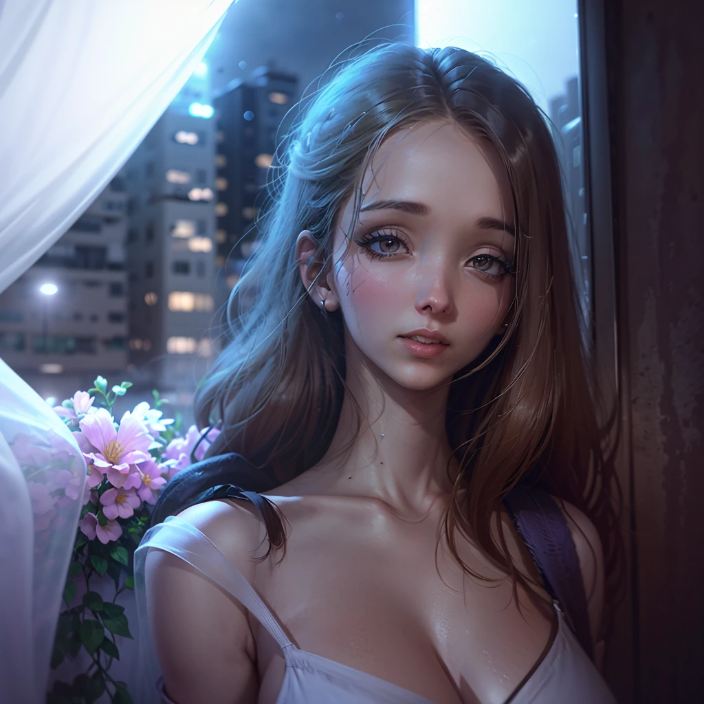 (a)best quality,4k,8k,highres,masterpiece:1.2,ultra-detailed,(realistic,photorealistic,photo-realistic:1.37),HDR,UHD,studio lighting,vivid colors,bokeh,(portraits:1.2) (a)A gorgeous woman in a white sheer night gown, beautiful detailed eyes,beautiful detailed lips,eyelashes, (medium,watercolor,sketch,illustration,drawings) rendering, (a)opens the curtains and looks out her window, (a)at a futuristic city, (a)sparkling city lights reflecting in the glass, (knit,organic) texture,smooth,flowing fabric,diaphanous, (a)garden view with lush, colorful flowers, (a)towering skyscrapers reaching for the sky, (the) feeling of anticipation,excitement in the air, (a)modern architecture and sleek design, (different) shades of blue and purple illuminating the night sky, (a)warm, soft glow from the city lights, (detailed) facial features and expressions, cityscape with flying vehicles and futuristic technology, (the) woman's hair flowing in the wind, (a)high level of detail in the surroundings, (a)sense of tranquility and elegance, (a)subtle reflection of the woman in the window, (a)sophisticated and fashion-forward atmosphere, (a)slight fog adding a mysteriously beautiful touch, (a)blurring of the city lights, (the) woman's peaceful and serene expression, (a)perfectly manicured gardens below, (a) mix of traditional elements and futuristic elements, (a) futuristic fashion style with innovative design, (a) contrast between the natural world and the urban city, (the) woman's posture exuding confidence, (a)unique and captivating composition, (a)hint of futuristic technology in the woman's surroundings, (the) woman's curiosity about the city's future, (a)calm and gentle breeze, (soft,delicate) texture of the night gown, (the) woman's appreciation for the beauty around her.