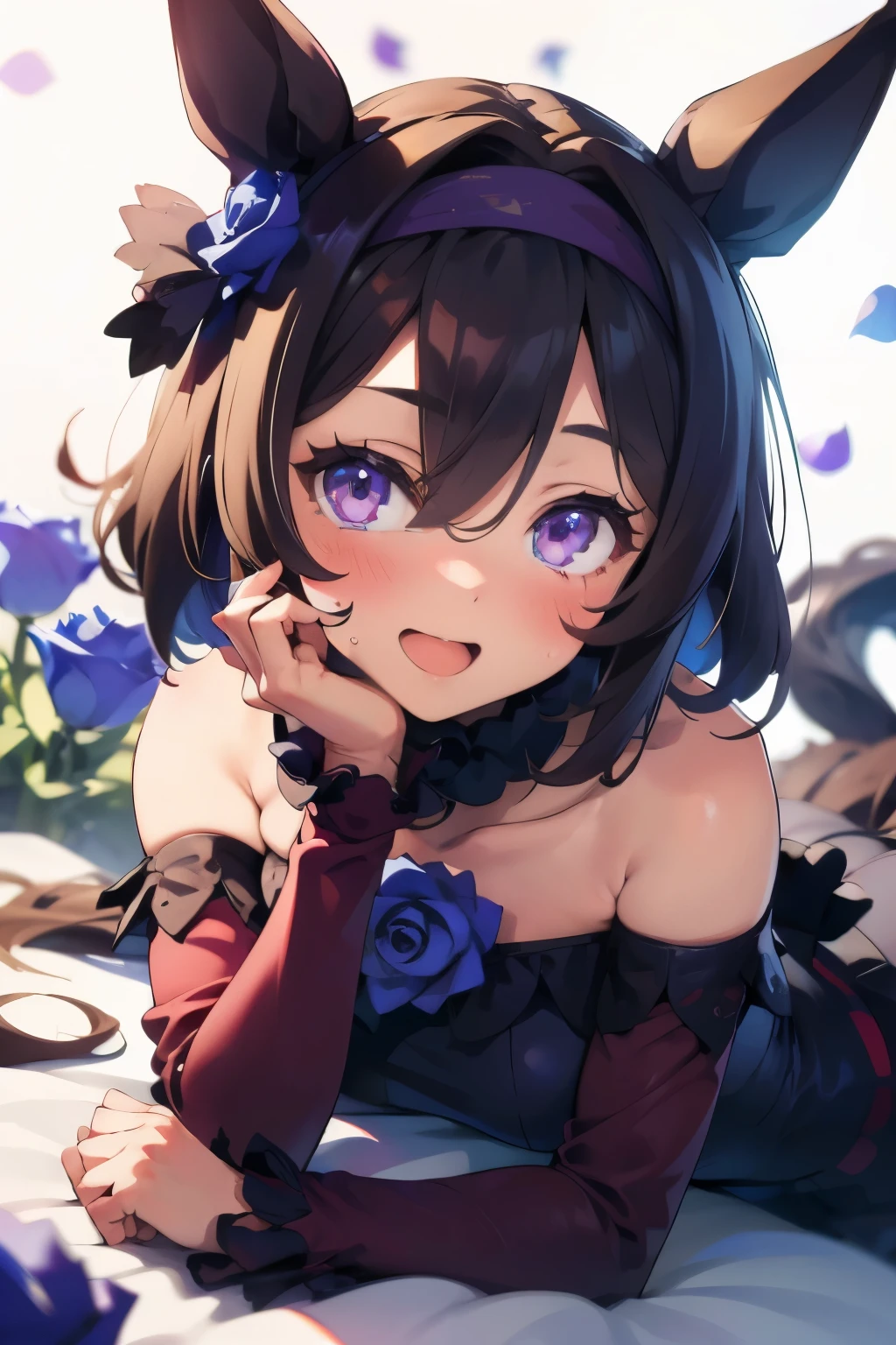 lying down,close up face,Nishinohana from Uma Musume,Uma Musume,Nishinohana,short hair,red headband,beautiful purple eyes,black dress,frills,Blue rose,black stockings,cute,Curvaceous,smile with open mouth,blush,embarrassed face,upward glance,simple background,best image quality,highest quality,masterpiece
