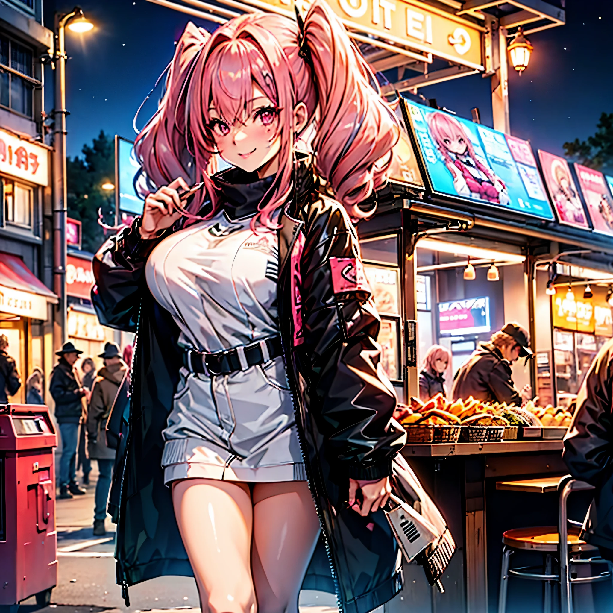 a woman with a cold coat, pigtails, pink hair with gray bangs, pink eyes, smiling, big breasts, toned thighs, in a park at night with a snack bar in the background, just one woman, solo,HDR, ultra resolution, very detailed, masterpiece, ultra quality, 4K HD.