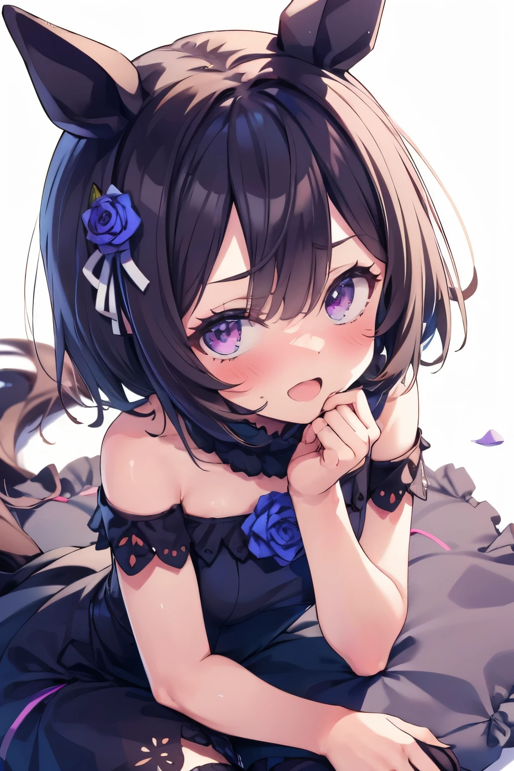 lying down,close up face,ウマ娘のNishinohana,Uma Musume,Nishinohana,short hair,red headband,beautiful purple eyes,black dress,frills,Blue rose,black stockings,cute,Curvaceous,smile with open mouth,blush,embarrassed face,upward glance,simple background,best image quality,highest quality,masterpiece
