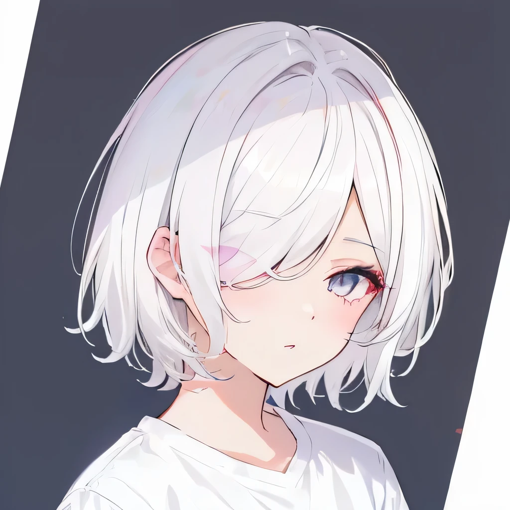 Girly girl, pastel pink glasses, white shirt, face close-up, white hair, light white eyes, pure, (Hair Over One Eye), messy short hair, feminine