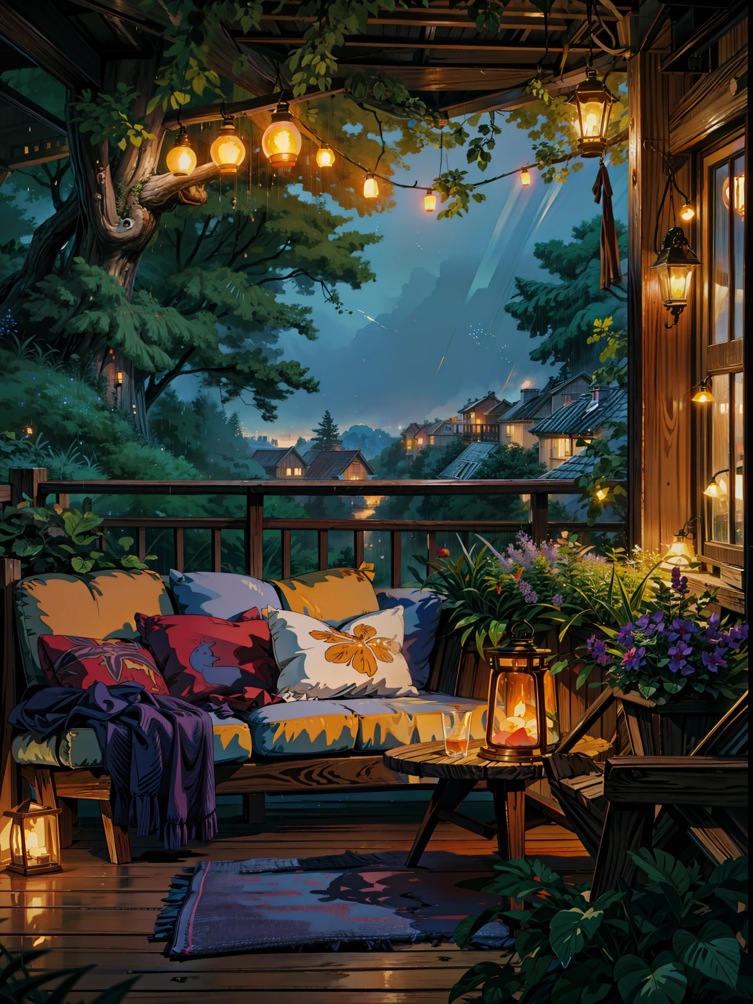 painting of a couch sitting on top of a wooden deck, cozy night fireflies, cozy and peaceful atmosphere, cozy atmosphere, soothing and cozy landscape, rainy evening, pleasant cozy atmosphere, cozy home background, cosy atmosphere, cozy place, at evening during rain, beautiful terrace, by Evgeny Lushpin, cozy setting, rainy environment, cozy atmospheric, cosy atmoshpere,  4k hd,, beautiful art uhd 4 k, a beautiful artwork illustration, beautiful digital painting, highly detailed digital painting, beautiful digital artwork, detailed painting 4 k, very detailed digital painting, rich picturesque colors, gorgeous digital painting