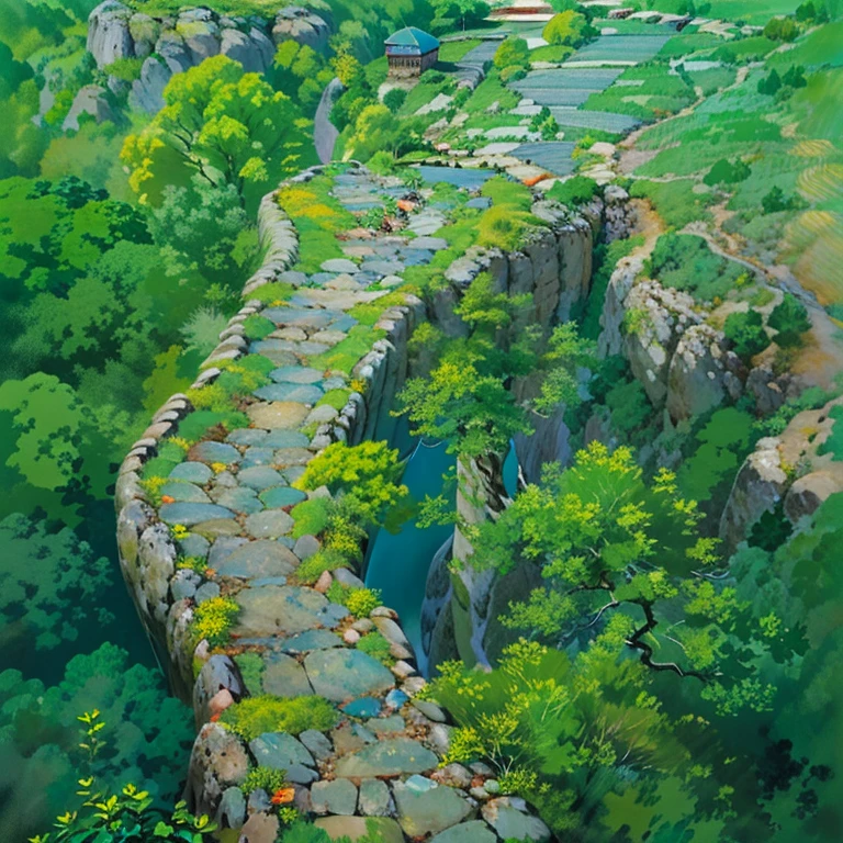 camino de piedra blanca y azul, sobre un lago pintado a mano