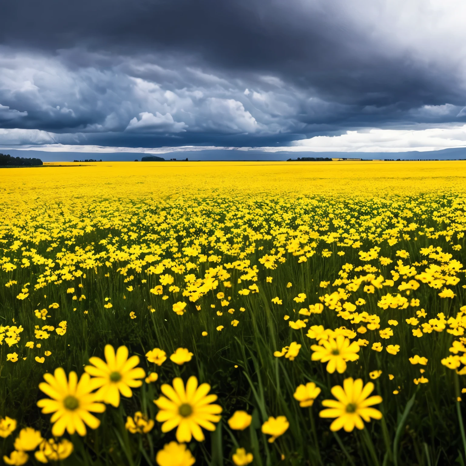 arafed view of a field of yellow flowers with a dark sky, beautiful and ominous, bad weather approaching, vibrant but dreary gold, ominous beautiful mood, against a stormy sky, ominous photo, stormy day, yellow and greens, storm in the distance, storm in distance, yellow and green, dark clouds in the distance, patches of yellow sky