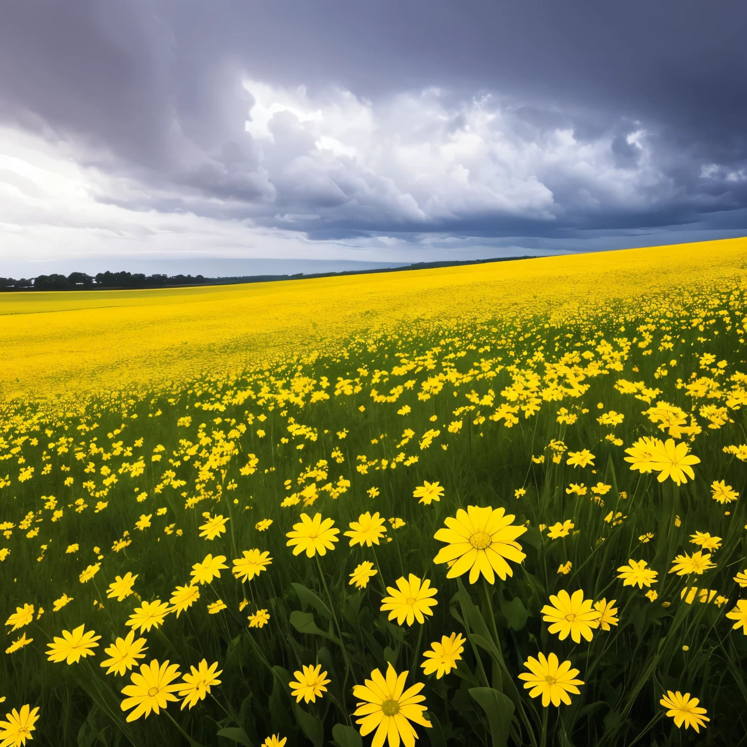 arafed view of a field of yellow flowers with a dark sky, beautiful and ominous, bad weather approaching, vibrant but dreary gold, ominous beautiful mood, against a stormy sky, ominous photo, stormy day, yellow and greens, storm in the distance, storm in distance, yellow and green, dark clouds in the distance, patches of yellow sky