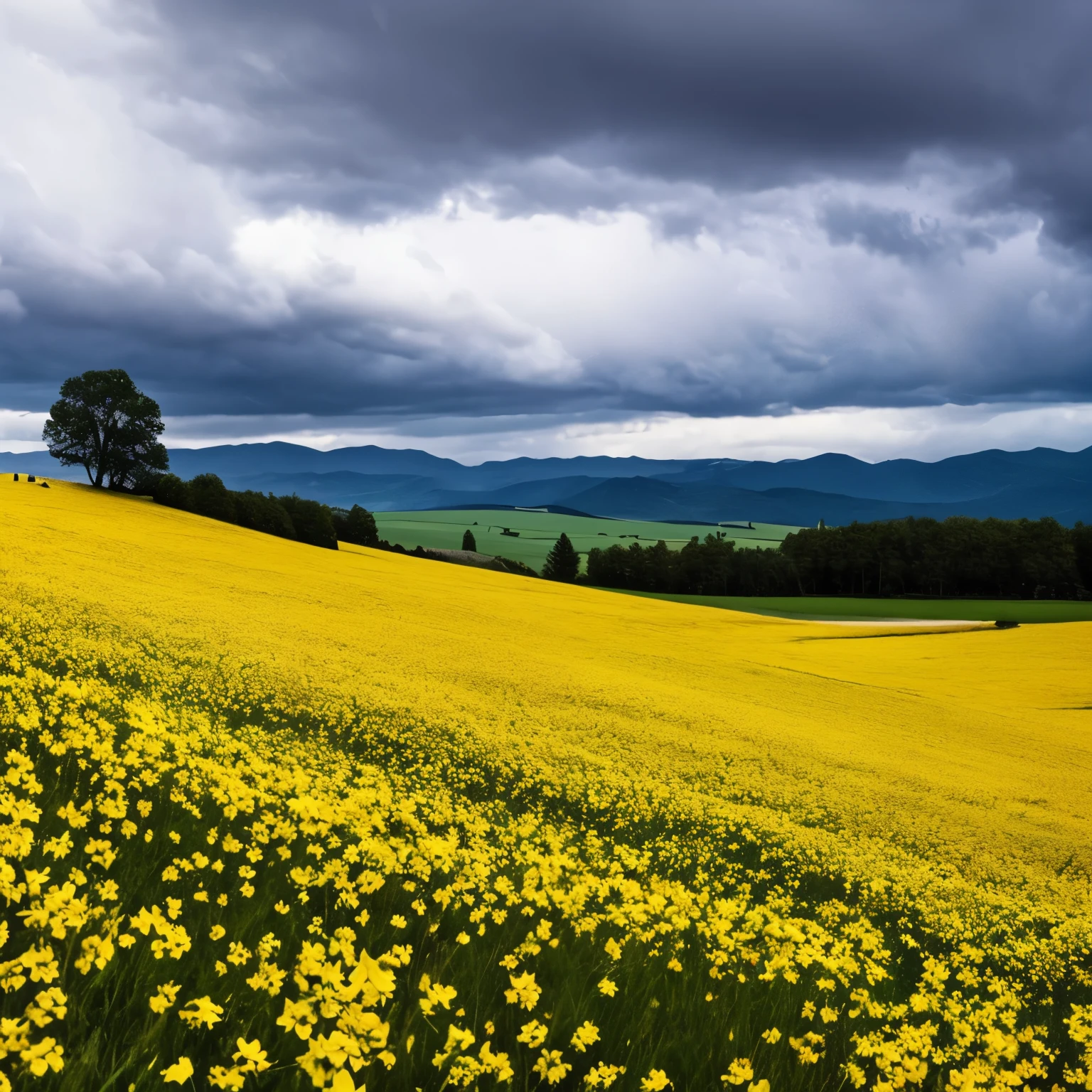 arafed view of a field of yellow flowers with a dark sky, beautiful and ominous, bad weather approaching, vibrant but dreary gold, ominous beautiful mood, against a stormy sky, ominous photo, stormy day, yellow and greens, storm in the distance, storm in distance, yellow and green, dark clouds in the distance, patches of yellow sky