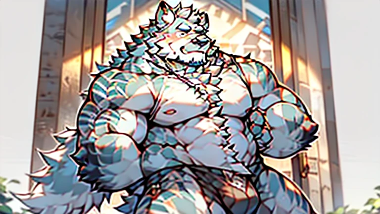 Anthropomorphic wolf，werewolf，man，large pecs，broad shoulderuscular limbs，bare upper body，huge crotch bulge, muscular, large, bearded, facial hair, body hair, chest hair, arm hair, leg hair，full body, grey fur ((high detail，masterpiece，best quality, high definition))