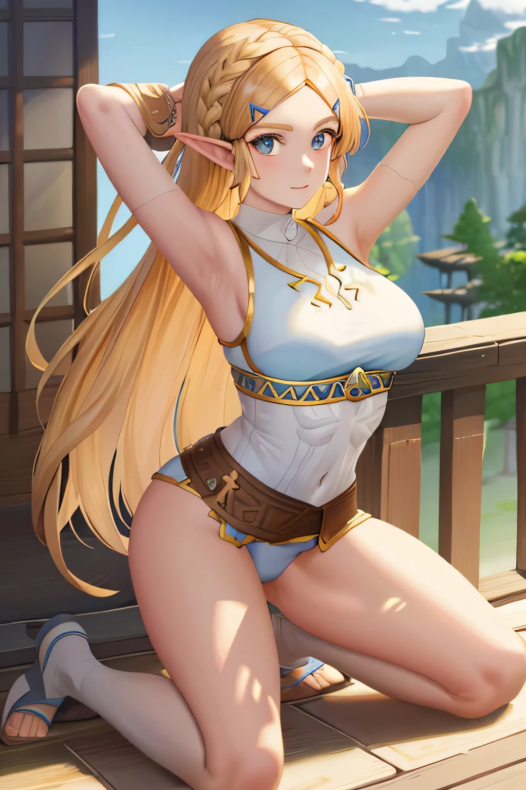 Zelda, Adult Woman, Highly Detailed Anime Style, sleeveless, bare legs, full body, long hair, topless, vagina, breasts