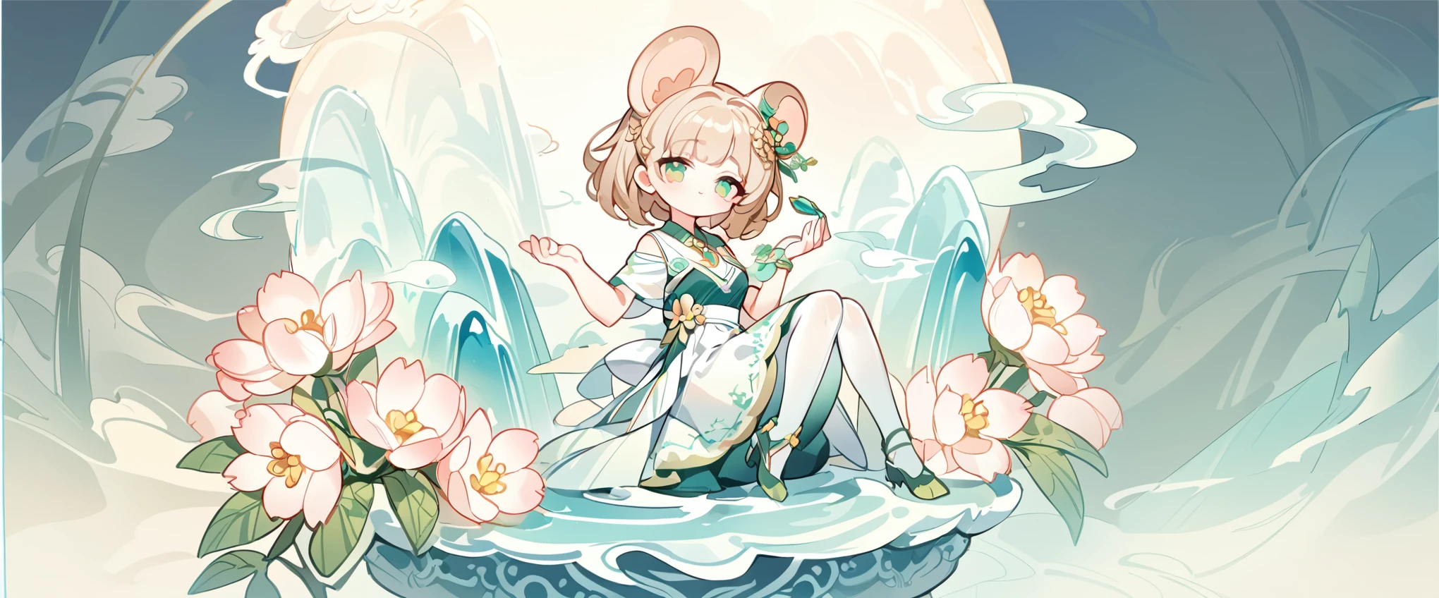 super high quality，Depth of detail，Raise your hand，Q version three-headed body、Mouse ears、sitting position、sideways、transparent watercolor、girl、jewel eye、Beautiful arrangement and theme、Writing limit depth、Flat avatar, 1girl, （light brown short hair）， hair tip white,Fashionable design clothing((Green and White)), 可爱的girl, modest dress, Sakura pantyhose