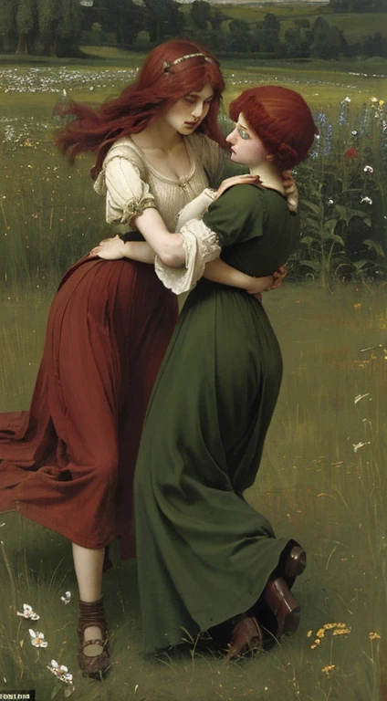 Edmund Leighton, Pre-Raphaelites, knight-dame, medieval, Flowers, meadow, medieval, atmospheric, Red hair, oil painting, Sword fight, combat