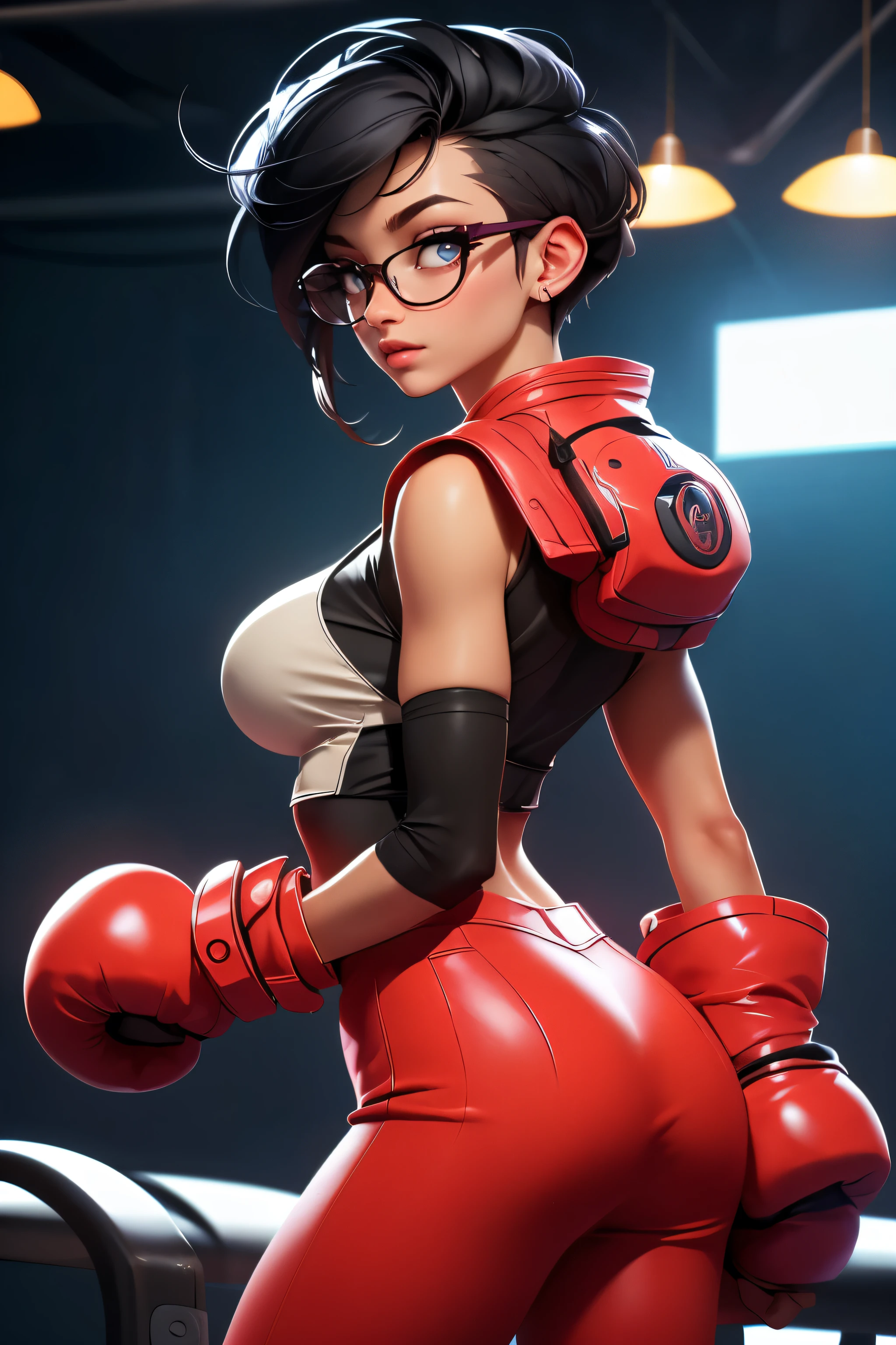 Wide angle shot, rear view, beautiful female street fighter, wearing large glasses, black undercut hair, wearing large steel knuckles