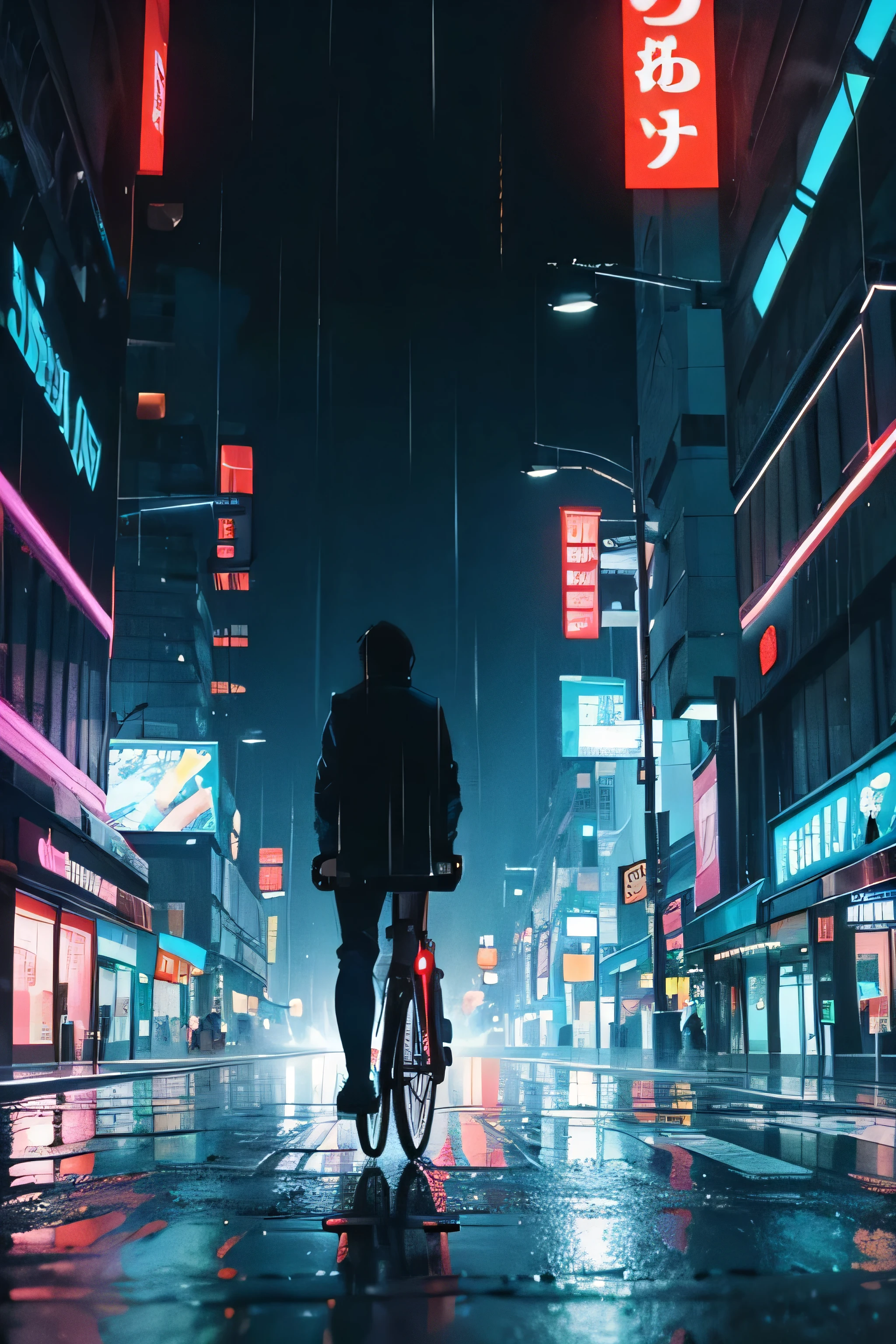 A man riding bike in city in rain,future effect, cyberpunk effect 