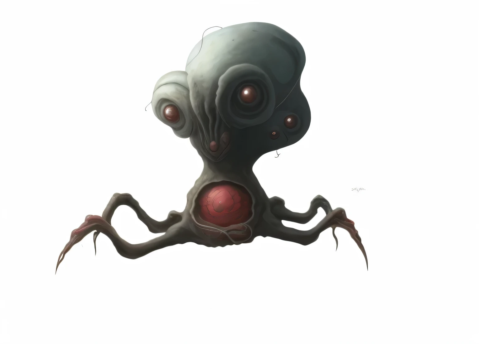 There's a cartoon of a giant squid with fungus and tuber on its head, com um cerebro no meio do corpo , estilo h.r giger, Estilo Lovecraft, criatura caranguejo, anthropomorphic crab, alien creature, conceito de criatura realista, Kaiju Cephalopod, polvo ciborgue, uma aranha gigante feia, arachnid, Criatura do mar profundo, criatura assustadora, bizarre alien creature, criatura assustadora, Criatura das sombras penumbral