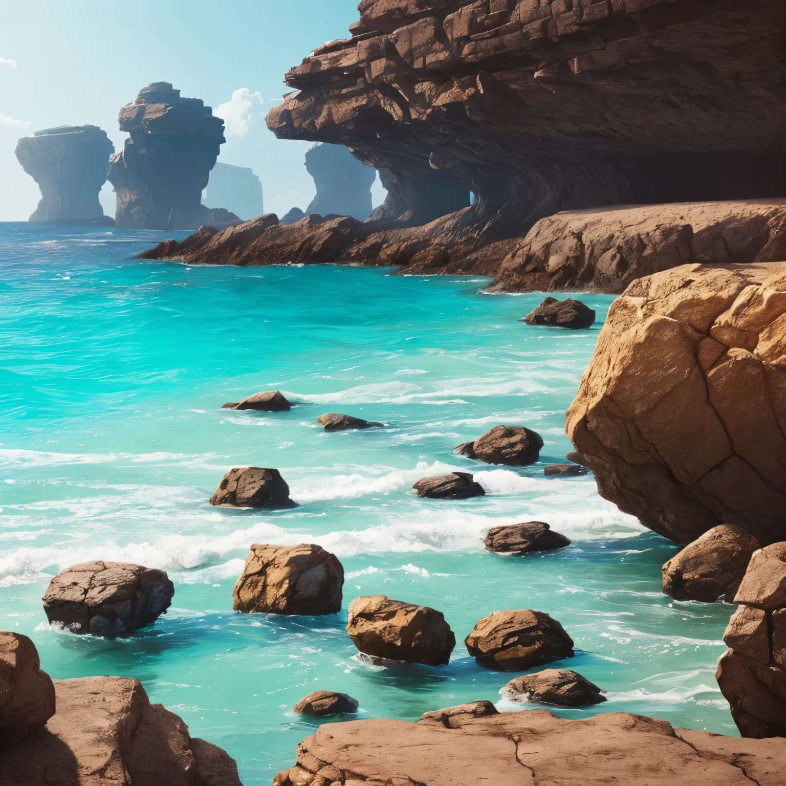 a view of a beach with rocks and water in the middle, by Mike Winkelmann, by Mike "Beeple" Winkelmann, realism | beeple, beeple |, wide angle fantasy art, beeple and mike winkelmann, by Beeple, by Martin Deschambault, surrealism!!!!! concept art
