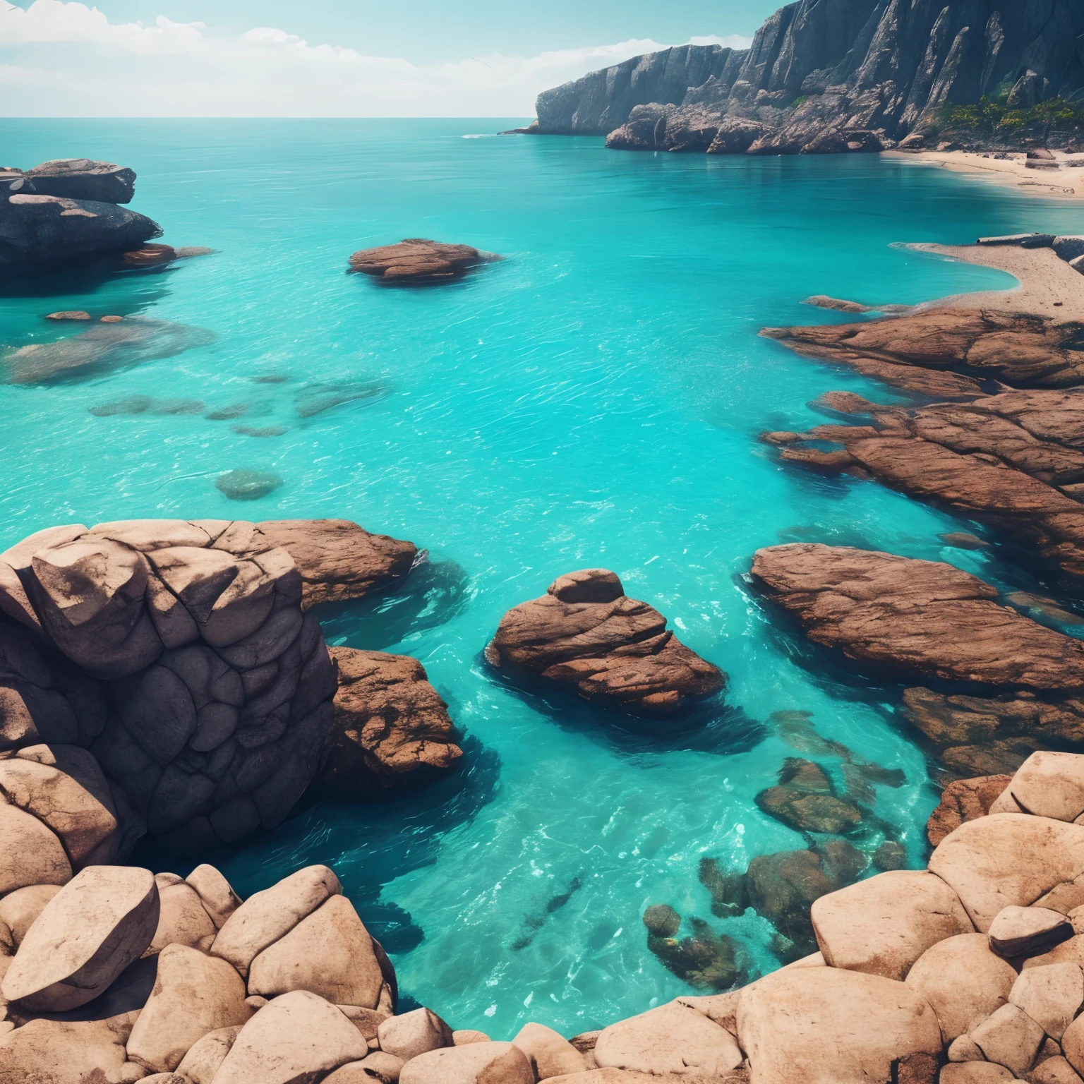 a view of a beach with rocks and water in the middle, by Mike Winkelmann, by Mike "Beeple" Winkelmann, realism | beeple, beeple |, wide angle fantasy art, beeple and mike winkelmann, by Beeple, by Martin Deschambault, surrealism!!!!! concept art