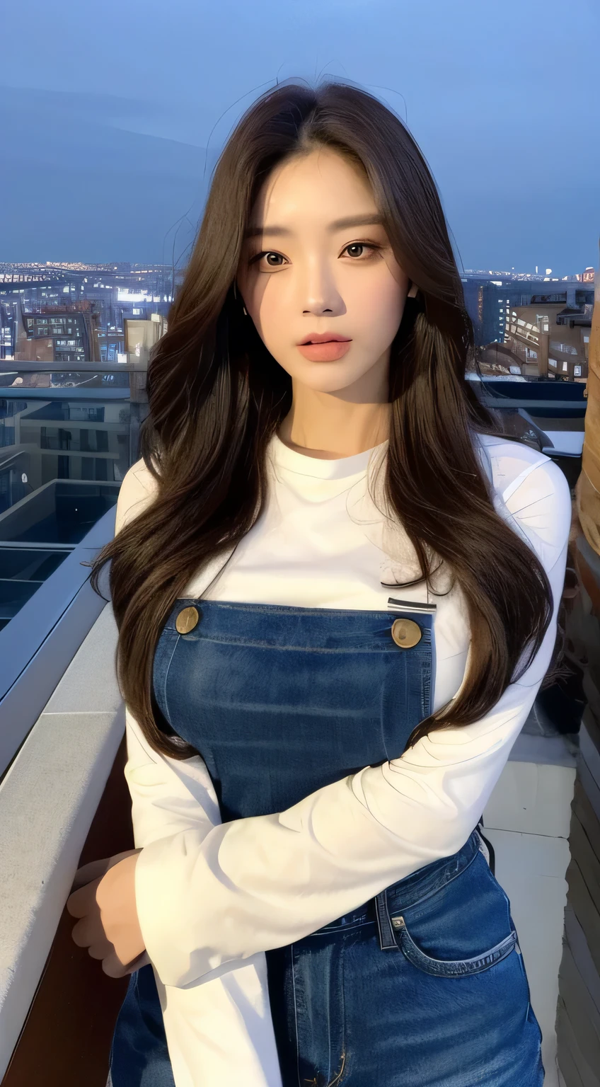 ((Midnight, Best quality, 8k, Masterpiece :1.3)), Whole body, Long legs, Sharp focus :1.2, A pretty woman with perfect figure :1.4, Slender abs :1.1, ((Dark brown hair, Big breasts :1.2)), (White tight tshirt, Jean bib, Standing:1.2), ((Night city view, Rooftop:1.3)), Highly detailed face and skin texture, Detailed eyes, Double eyelid