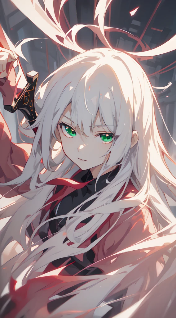 Anime girl with white hair and green eyes holding a sword, detailed digital anime art, anime style 4k, white haired god, anime art wallpaper 4k, anime art wallpaper 4k, Best Anime 4K Kona-chan Wallpaper, anime art wallpaper 8k, detailed anime artwork, detailed anime art, Detailed anime original drawing, anime wallpaper 4k, anime wallpaper 4k